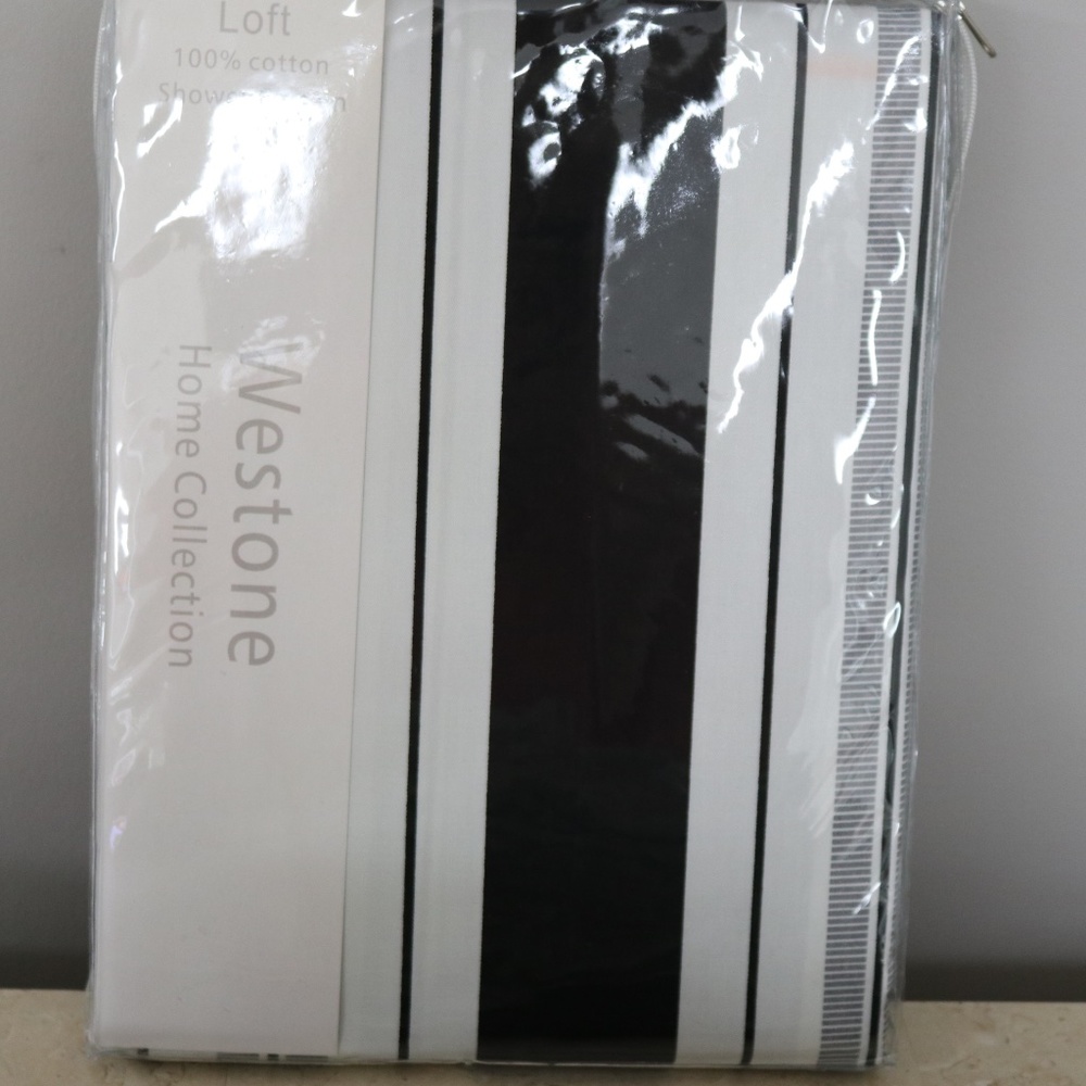 WESTONE HOME COLLECTION LOFT COTTON SHOWER CURTAIN BLACK/WHITE/SILVER STRIPES